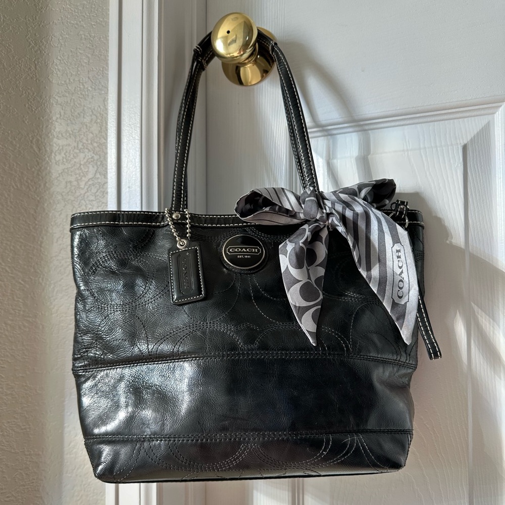 Signature Coach Black Patent Leather Tote Purse, Scarf Included